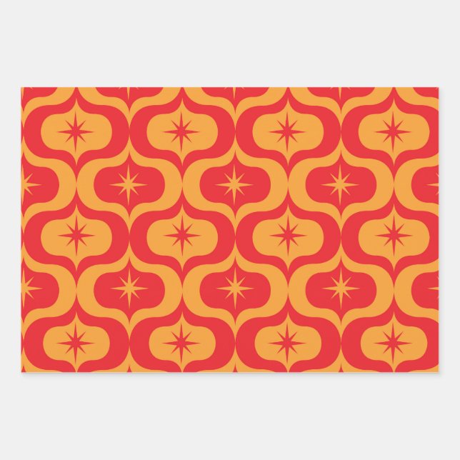 Atomic Starbursts on Red and Orange Ogee Pattern  Wrapping Paper Sheet (Front)
