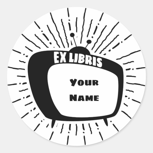 Atomic Style TV Ex Libris Bookplate (black) Classic Round Sticker (Front)
