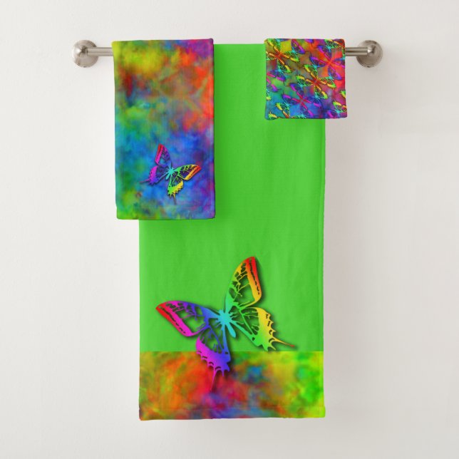 [Atomic Tie-Dye]  Psychedelic Rainbow Butterfly Bath Towel Set (Insitu)