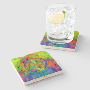 [Atomic Tie-Dye] Rainbow Colours Peace Sign Symbol Stone Coaster