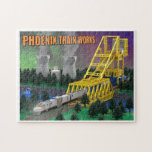 Atomic Train Puzzle<br><div class="desc">A brick-built atomic-powered locomotive crosses the Behemoth Bascule Bridge while a nuclear power plant quietly emits pillars of steam- all designed by Phoenix Train Works. Enjoy the optimism of a nuclear energy golden age with this puzzle depicting a modern original iteration of Dr. Borst's proposed 1954 X12 locomotive idea. This...</div>