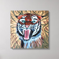 Attacking tiger hand painted on canvas