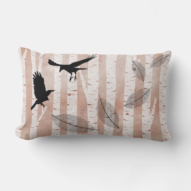 Attempted Murder of Crows in White Birch Forest Lumbar Pillow (Front)