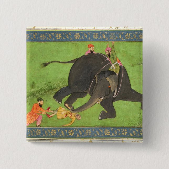 Attendants rescue a fallen man from an enraged ele 2 inch square button (Front)