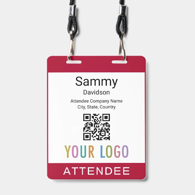 Attendee Name Badge QR Code Event Logo Dark Red (Front with Lanyard)