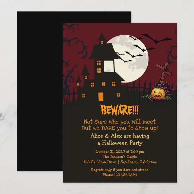 Attention Maison hantée Halloween invitation de la (Devant / Derrière)
