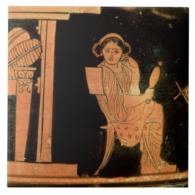 Attic red figure pyxis depicting a bride, 5th cent tile (Front)