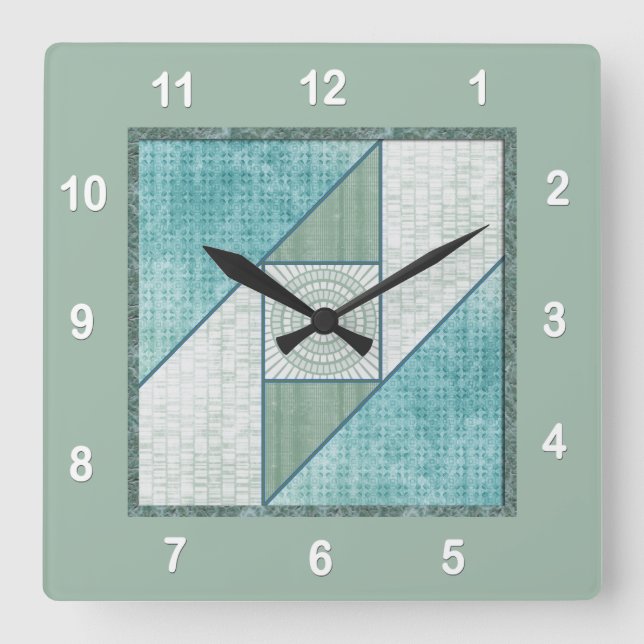 Attic Window Quilt Block in Blue & Green Square Wall Clock (Front)