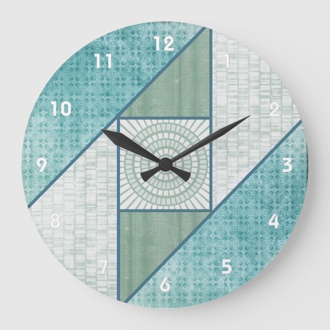 Attic Window Quilt Pattern Mint Green & Blue Large Clock (Front)