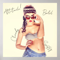 Attitude! Retro model in shorts and bikini top.