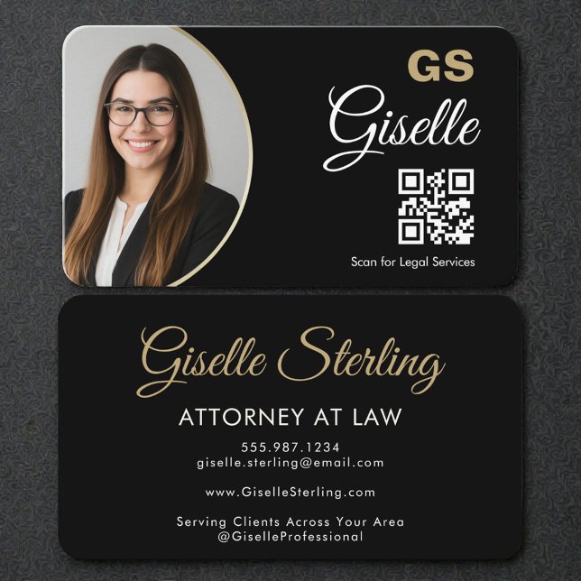 Attorney at Law Black QR Code Gold Photo   Business Card (Creator Uploaded)