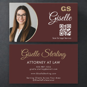 Attorney at Law Burgundy Gold Photo QR Code  Business Card