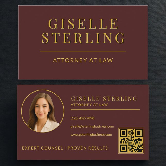 Attorney at Law Burgundy Gold Photo QR Code Business Card (Creator Uploaded)