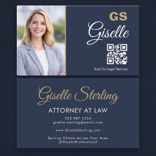 Attorney at Law Photo QR Code Navy Blue Gold Business Card