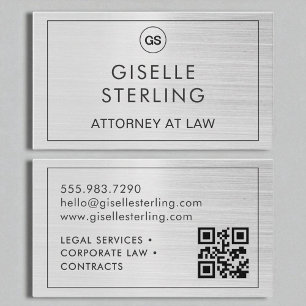 Attorney at Law QR Code Brushed Silver Monogram  Business Card