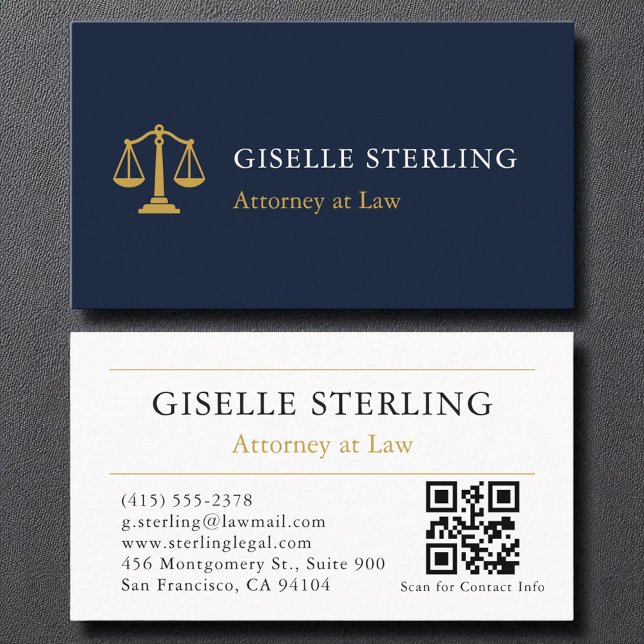 Attorney at Law QR Code Navy Blue Gold Business Card (Creator Uploaded)
