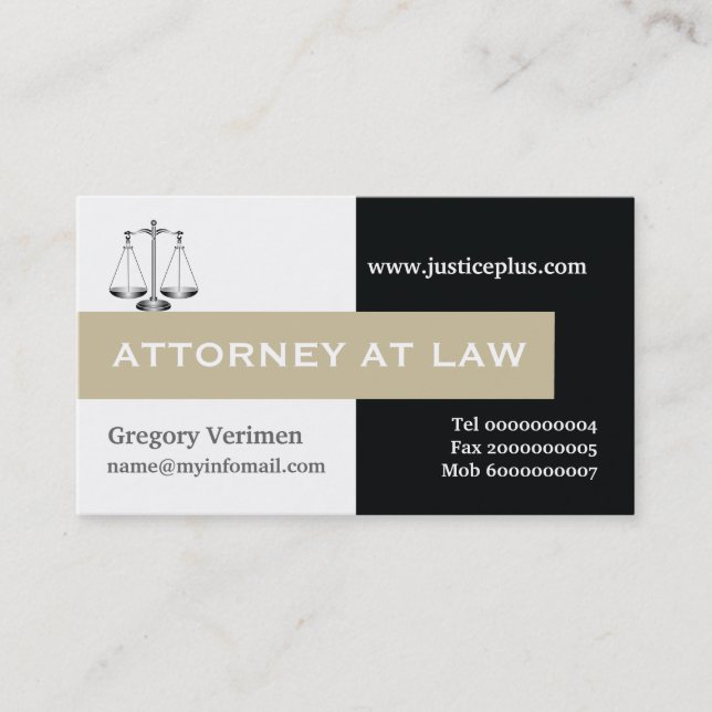 Attorney at law scale of justice taupe, black business card (Front)