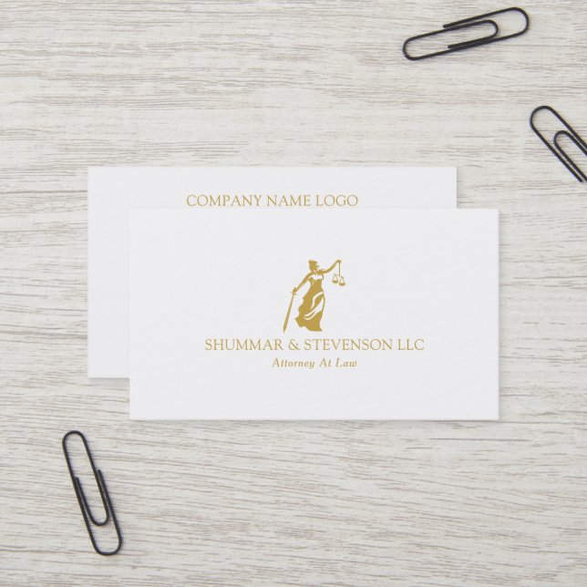 Attorney At Law-Simple Gold Lady Justice Logo Business Card (Front/Back In Situ)