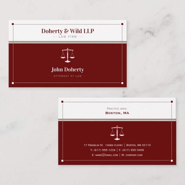 ATTORNEY | Law Scales of Justice Dark Red Business Card (Front/Back)