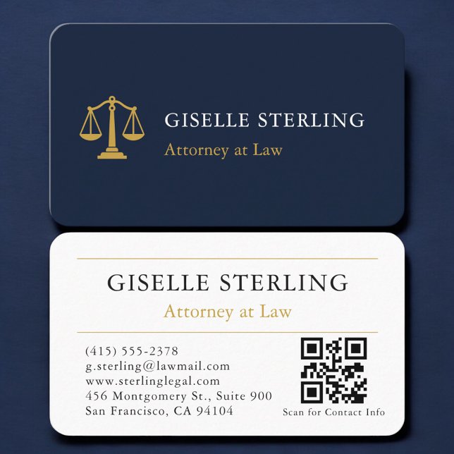 Attorney Navy Blue Gold QR Code Professional Business Card (Creator Uploaded)