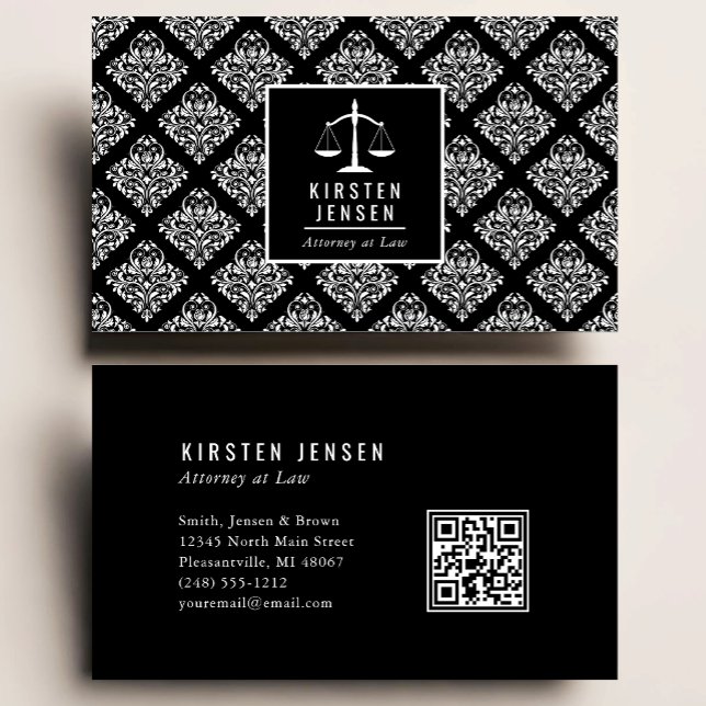 Attorney QR Code Black White Damask Pattern Business Card (Creator Uploaded)