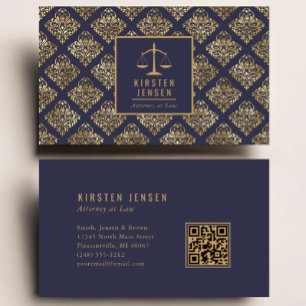 Attorney QR Code Dark Blue Gold Damask Pattern Business Card