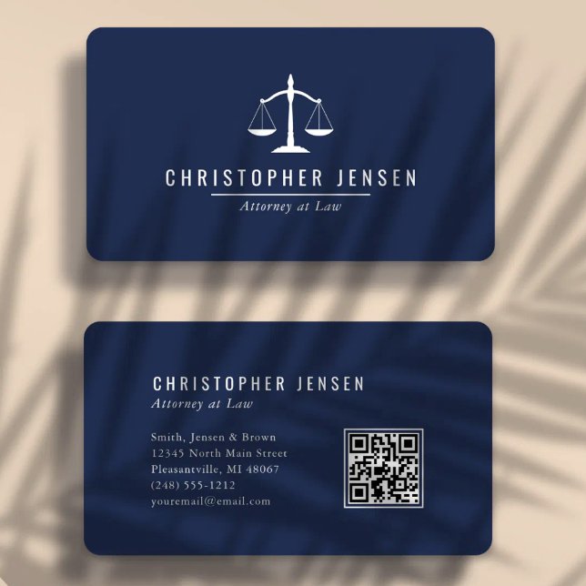 Attorney QR Code Navy Blue White Scales Rounded Business Card (Creator Uploaded)