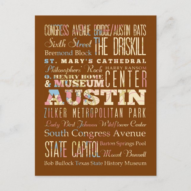 Attractions & Famous Places of  Austin, Texas. Postcard (Front)