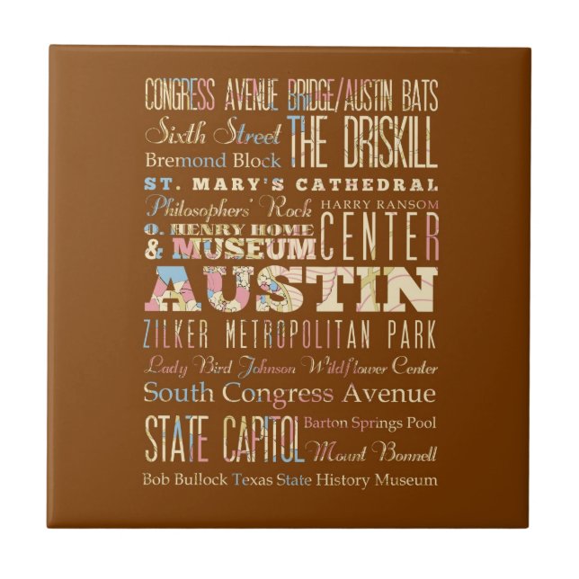 Attractions & Famous Places of  Austin, Texas. Tile (Front)