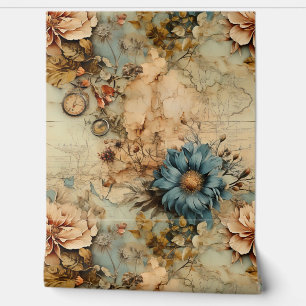 Attractive artistic vintage Floral and 3D compass Wallpaper
