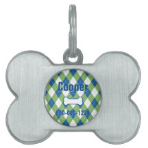 Attractive Blue Green Argyle Framed Pet ID Tag