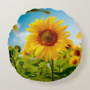 Attractive field with bright yellow sunflowers clo round pillow