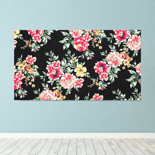 Attractive Floral Pattern on Black Background  Canvas Print (Insitu(Wood Floor))