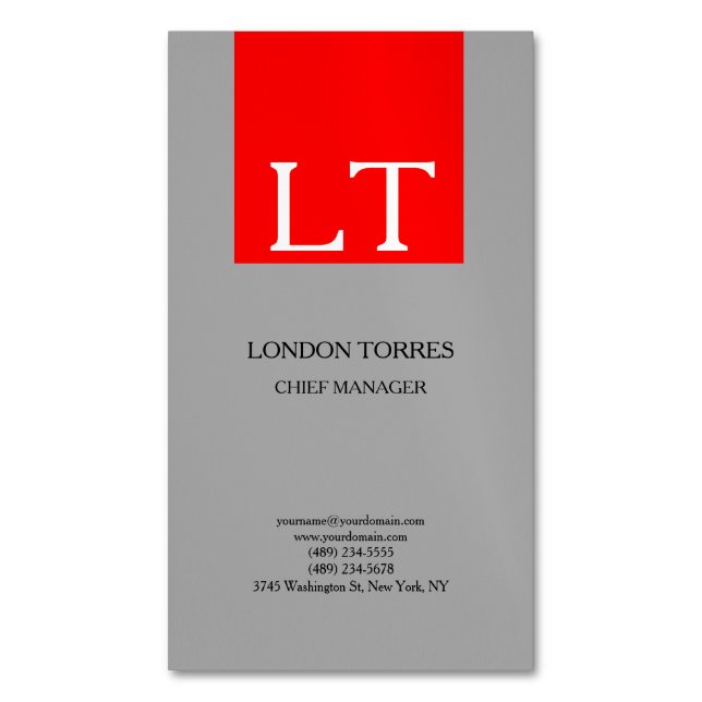Attractive Monogram Grey Red White Plain Magnetic Business Card (Front Vertical)