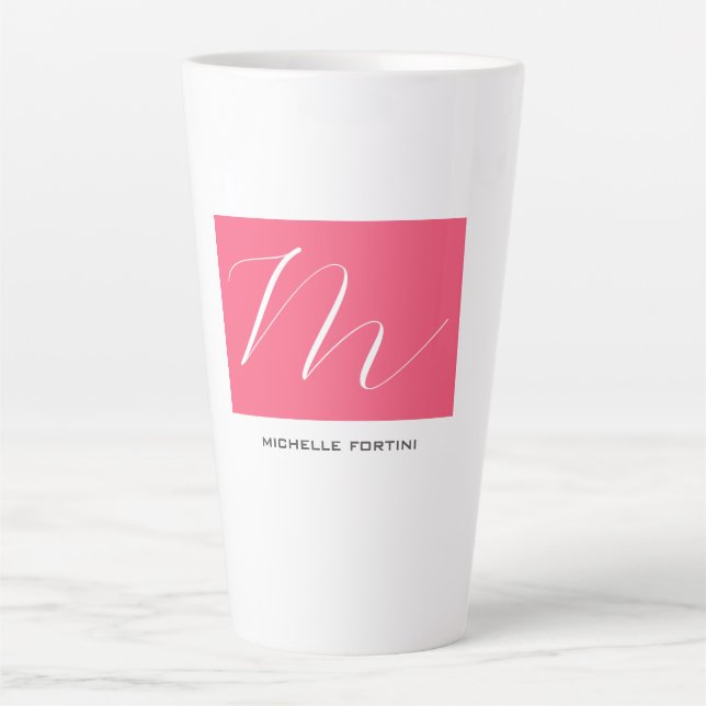 Attractive Monogram Pink White Modern Plain Latte Mug (Front)