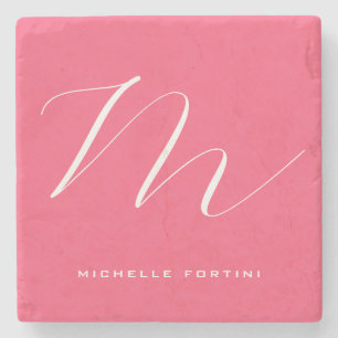 Attractive Monogram Pink White Modern Plain Stone Coaster