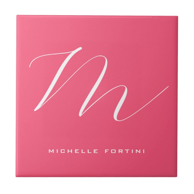 Attractive Monogram Pink White Modern Plain Tile (Front)