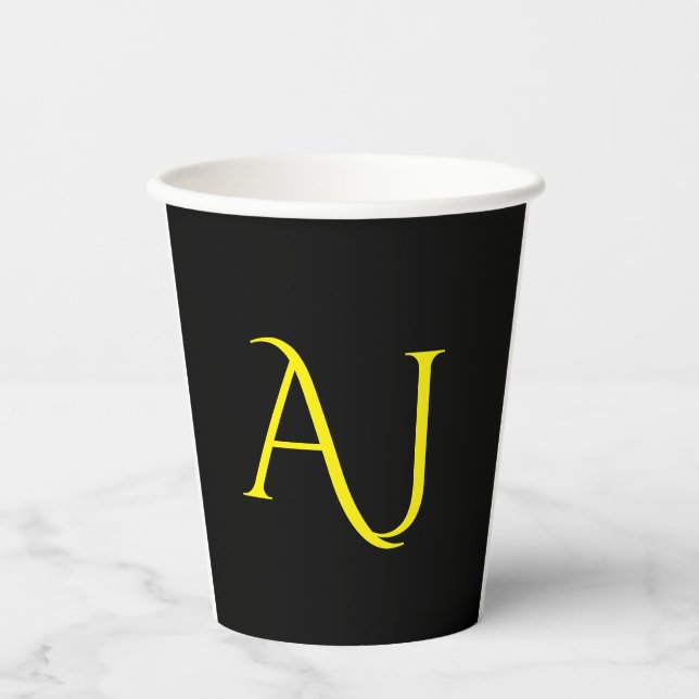 Attractive Monogram Yellow Black Modern Minimalist Paper Cups (Front)