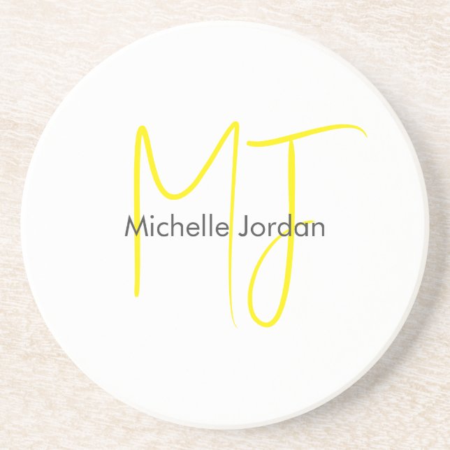 Attractive Monogram Yellow White Modern Minimalist Coaster (Front)