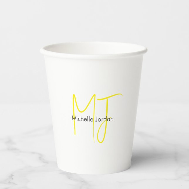 Attractive Monogram Yellow White Modern Minimalist Paper Cups (Front)