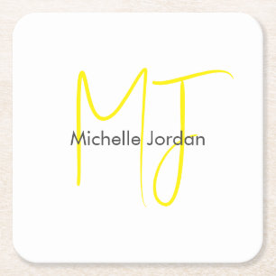 Attractive Monogram Yellow White Modern Minimalist Square Paper Coaster