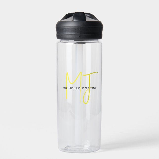 Attractive Monogram Yellow White Modern Minimalist Water Bottle (Front)