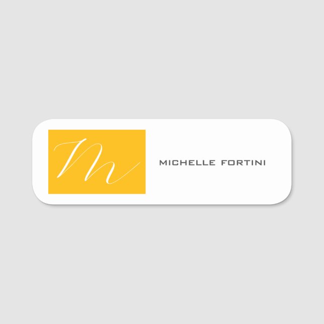 Attractive Monogram Yellow White Modern Plain Name Tag (Front)