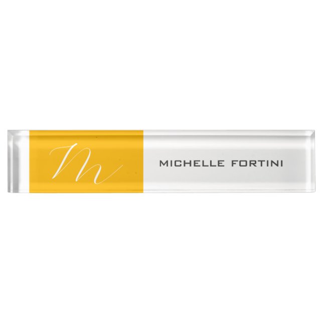 Attractive Monogram Yellow White Modern Plain Nameplate (Front)