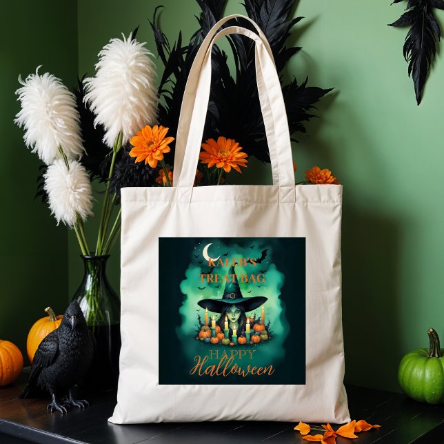 Attractive & Mystical Halloween Witch Conjures Enc Tote Bag (Attractive & Mystical Halloween Witch Conjures Enchanting Spells Amid Glowing Candles Tote Bags.)