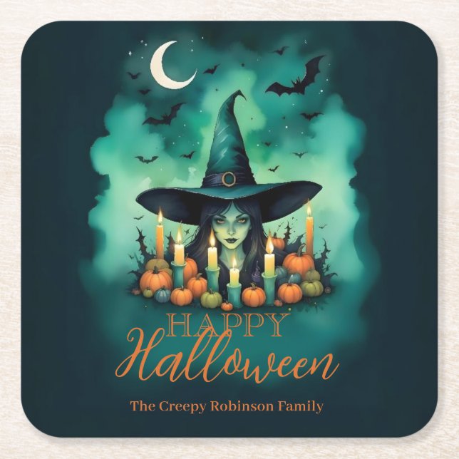  Attractive & Mystical Halloween Witch Conjures Square Paper Coaster (Front)