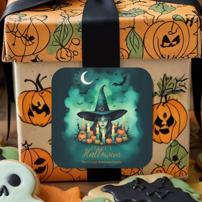 Attractive & Mystical Halloween Witch Conjures Square Sticker (Attractive & Mystical Halloween Witch Conjures Stickers.)
