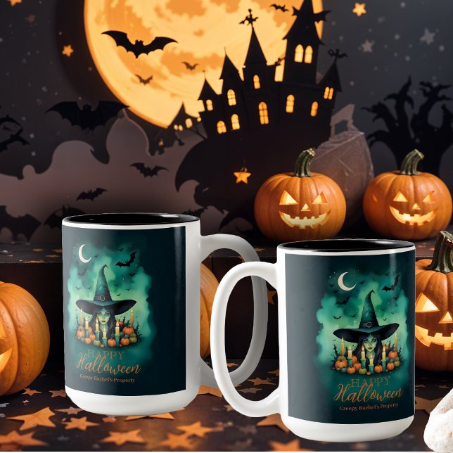 Attractive & Mystical Halloween Witch Conjures Two-Tone Coffee Mug (Attractive & Mystical Halloween Witch Conjures Enchanting Spells Amid Glowing Candles Mugs.)