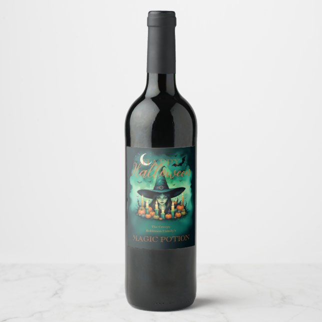 Attractive & Mystical Halloween Witch Conjures Wine Label (Front)