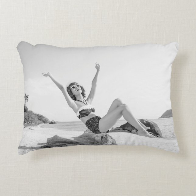 Attractive young woman in bikini on the beachvinta accent pillow (Front)
